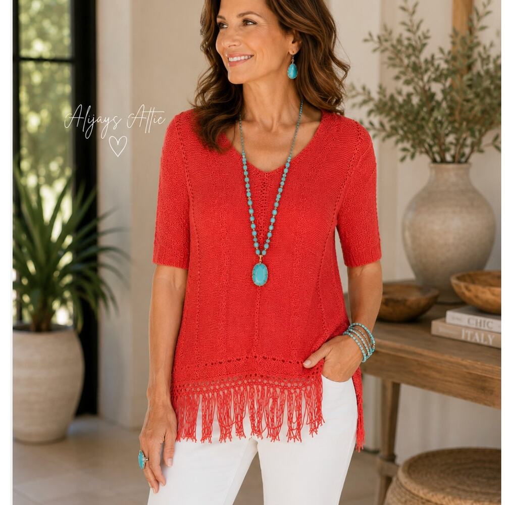 NWT Chico's Shaina Fringe Pullover Sweater Size S Coral Open Knit Boho Top
